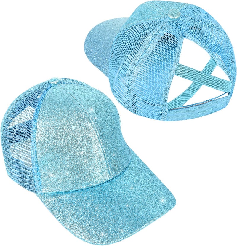 BROMZ Girls Glitter Baseball Cap Kids Ponytail Hat Adjustable Summer Mesh Trucker Hats for 4-12 Years - Image 1